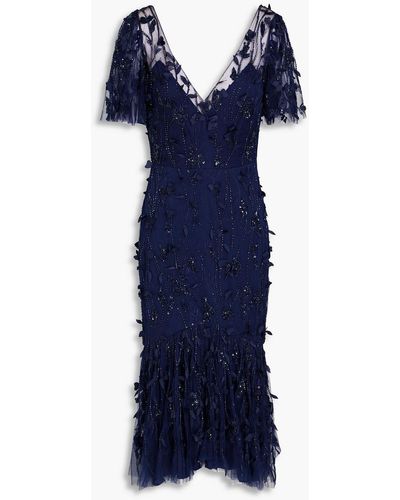 THEIA Gretchen Embellished Stretch-tulle Midi Dress - Blue