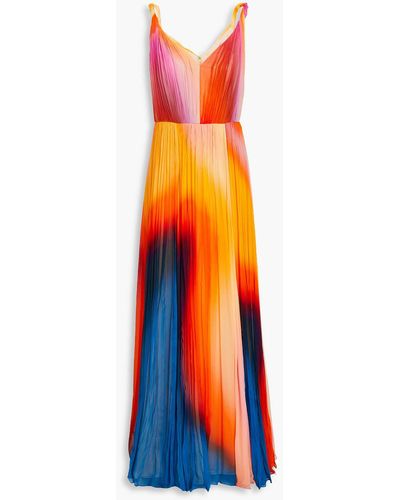 Halston Stacia Printed Plissé-crepon Gown - Orange