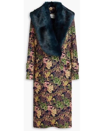 Zimmermann Faux Fur-trimmed Double-breasted Jacquard Coat - Blue