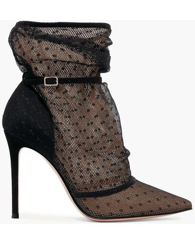 Gianvito Rossi 105 Polka-dot Tulle And Suede Ankle Boots - Black