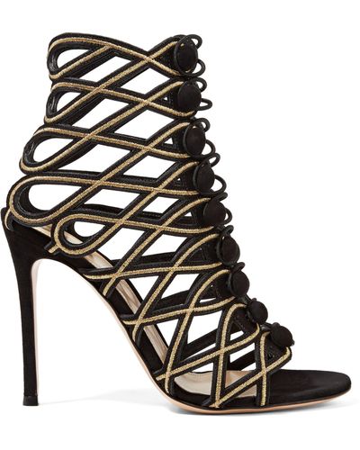Gianvito Rossi Cutout Embroidered Suede Sandals - Black