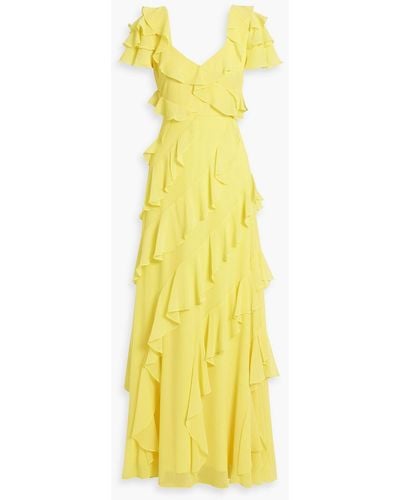 Badgley Mischka Ruffled Crepe Maxi Dress - Yellow