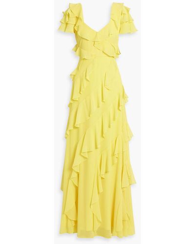 Badgley Mischka Ruffled Crepe Maxi Dress - Yellow