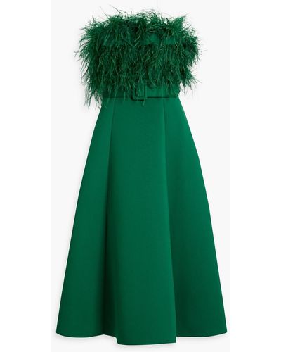 Badgley Mischka Strapless Belted Faux Feather-embellished Scuba Midi Dress - Green