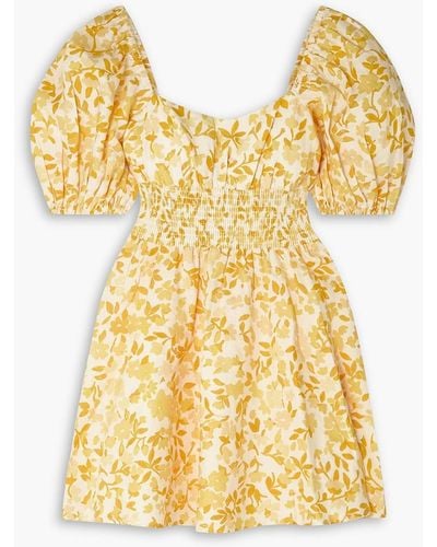Peony Shirred Floral-print Linen Mini Dress - Yellow