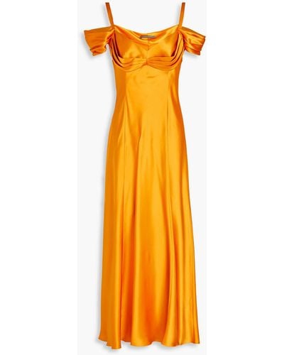 Alberta Ferretti Cold-shoulder Pleated Silk-satin Maxi Dress - Orange
