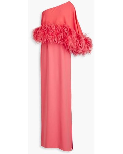 16Arlington Alder One-sleeve Feather-embellished Crepe Gown - Red
