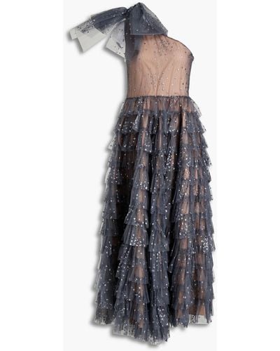 RED Valentino One-shoulder Tiered Glittered Tulle Midi Dress - Gray