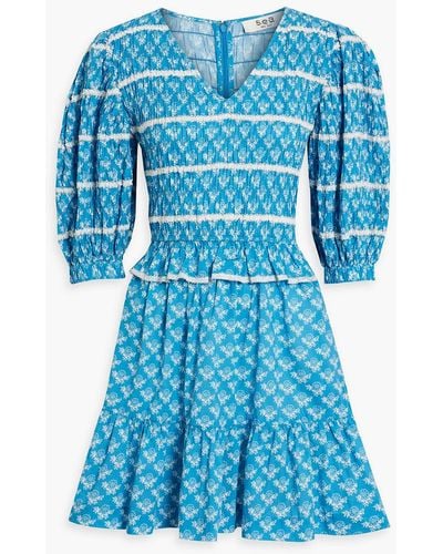Sea Annika Lace-trimmed Floral-print Crocheted Cotton-poplin Mini Dress - Blue