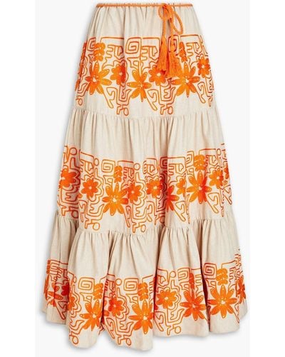 Maje Tiered Embroidered Cotton And Linen-blend Twill Midi Skirt - Orange