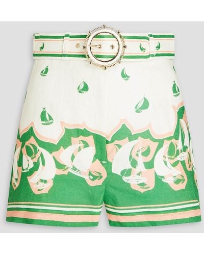 Zimmermann Belted Printed Linen Shorts - Green