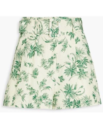 Sandro Leman Belted Printed Linen-blend Shorts - Green