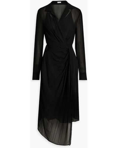 Dries Van Noten Pleated Chiffon Midi Wrap Dress - Black