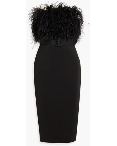 Badgley Mischka Strapless Feather-embellished Ponte Midi Dress - Black