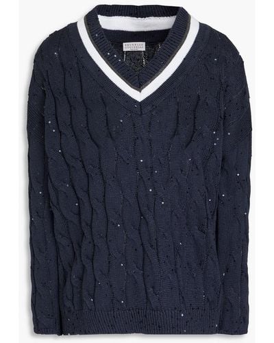 Brunello Cucinelli Embellished Cable-knit Sweater - Blue