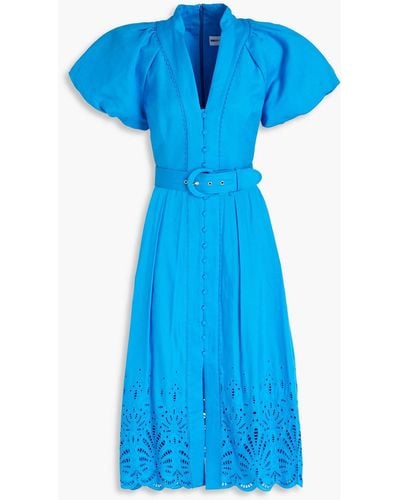 Rebecca Vallance Isadora Broderie Anglaise Linen And Cotton-blend Midi Shirt Dress - Blue