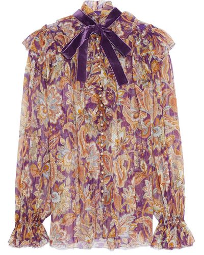 Zimmermann Pussy-bow Ruffled Floral-print Metallic Silk-blend Georgette Blouse - Purple