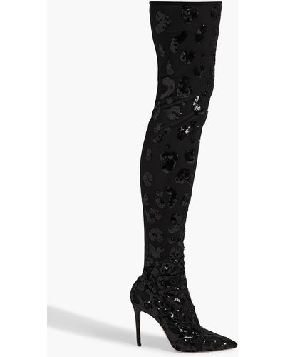 Gianvito Rossi Sequined Stretch-tulle Over-the-knee Boots - Black