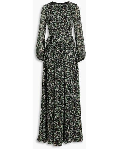 Mikael Aghal Gathered Floral-print Metallic Fil Coupé Maxi Dress - Green