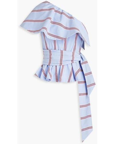 Stella Jean One-shoulder Striped Cotton-blend Poplin Peplum Top - Blue