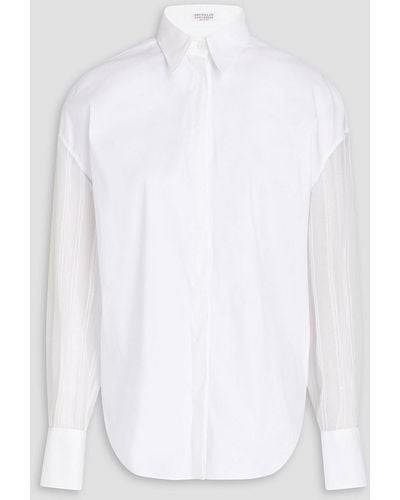 Brunello Cucinelli Embellished Silk Chiffon-paneled Cotton-blend Poplin Shirt - White