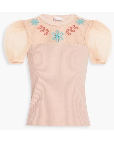 RED Valentino Embroidered Point D'esprit And Ribbed-knit Top - Pink