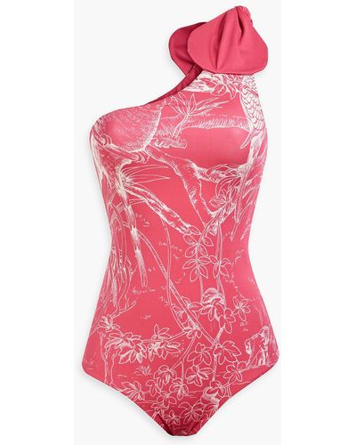 Red(V) One-shoulder Knotted Printed Swimsuit - Pink