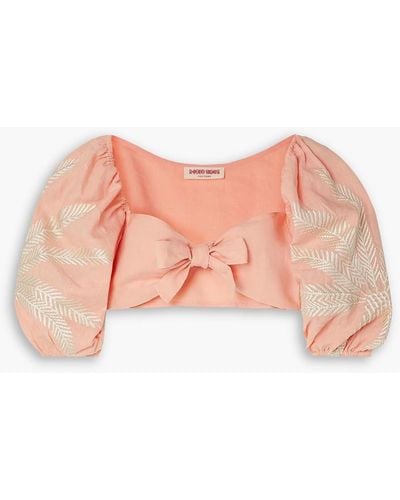 Emporio Sirenuse Thaia Cropped Bow-detailed Embroidered Linen Top - Pink