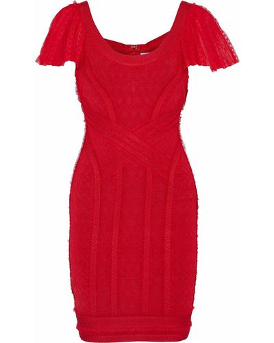 Hervé Léger Tulle-trimmed Cloqué-bandage Mini Dress - Red