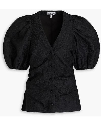 Ganni Jacquard Blouse With Puff Sleeves - Black
