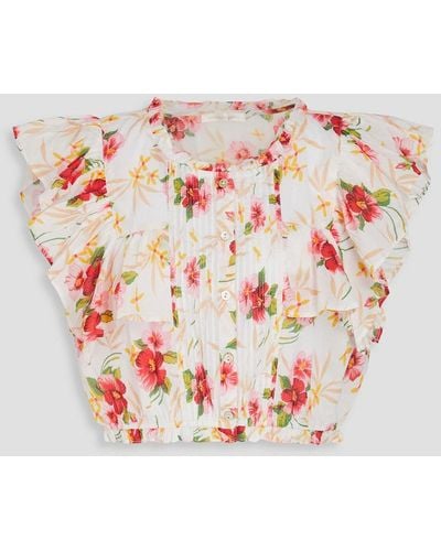 LoveShackFancy Nora Cropped Pintucked Floral-print Cotton Top - Pink