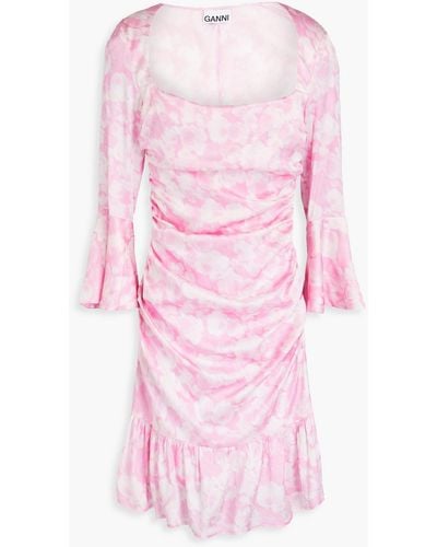 Ganni Draped Printed Silk-blend Satin Mini Dress - Pink
