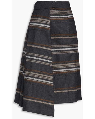 Brunello Cucinelli Embroidered Pleated Striped Wool Midi Wrap Skirt - Black
