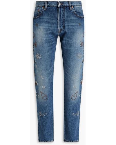 Valentino Garavani Slim-fit Studded Faded Denim Jeans - Blue
