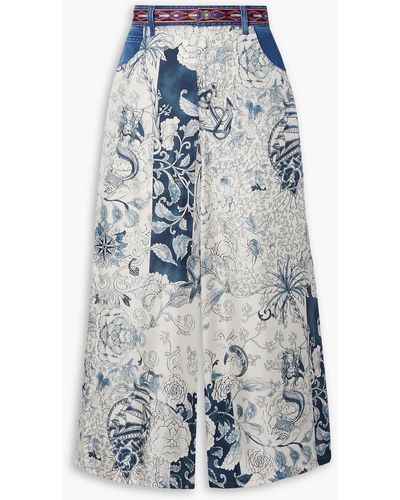 Etro Comet Cropped Printed Silk Twill-paneled Wide-leg Jeans - Blue