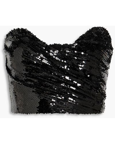 Ronny Kobo Mark Cropped Sequined Mesh Bustier Top - Black