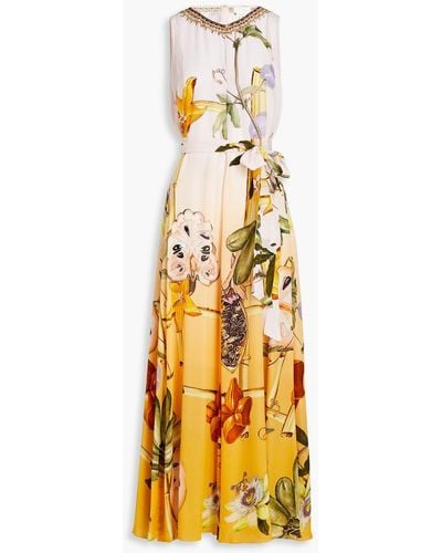 Camilla Jumpsuit mit weitem bein aus crêpe de chine aus seide mit print und verzierung - Mettallic