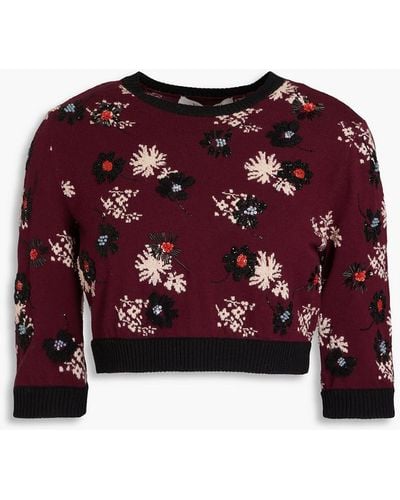 Valentino Garavani Cropped Embellished Intarsia-knit Wool Sweater - Red