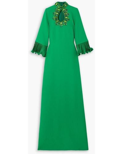 Andrew Gn Crystal-embellished Cutout Plissé Satin-trimmed Crepe Gown - Green