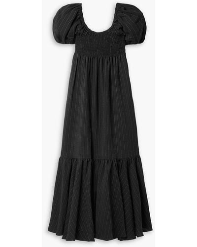 La Ligne Shirred Striped Woven Midi Dress - Black