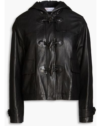 RED Valentino Embroidered Leather Hooded Jacket - Black