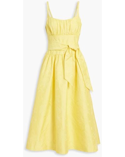 ML Monique Lhuillier Pleated Floral-jacquard Midi Dress - Yellow