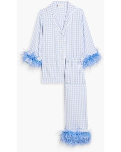 Sleeper Party Checked Feather-embellished Twill Pyjama Set - Blue