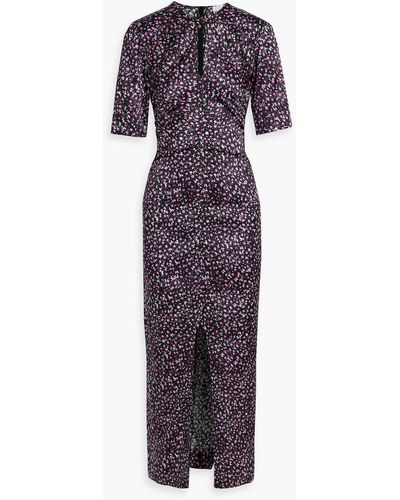 Ganni Ruched Floral-print Stretch-silk Satin Midi Dress - Purple