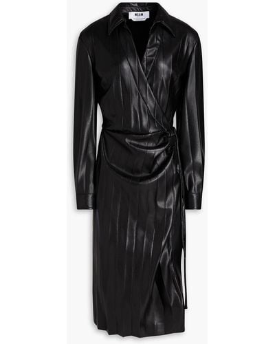 MSGM Draped Pleated Faux Leather Wrap Dress - Black