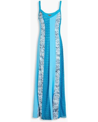 Missoni Metallic Crochet-knit And Silk Crepe De Chine Maxi Dress - Blue