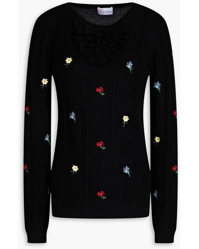 RED Valentino Embroidered Ribbed Wool Sweater - Black