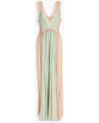 Alberta Ferretti Two-tone Lace-paneled Plissé Silk-crepon Gown - White