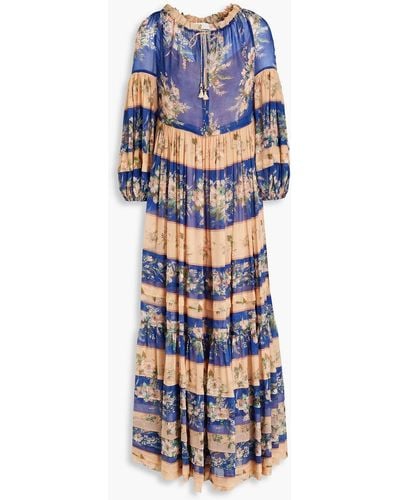 Zimmermann Gathered Floral-print Cotton And Silk-blend Voile Maxi Dress - Blue