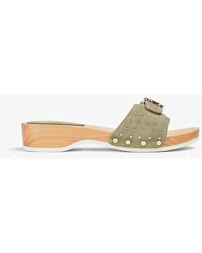 Maje Studded Suede Wedge Mules - Green